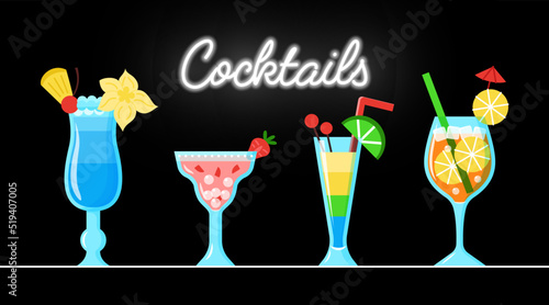 Vector cocktails with fruits on the table near neon 'Cocktail' sign on black. Drinks collection in cartoon style