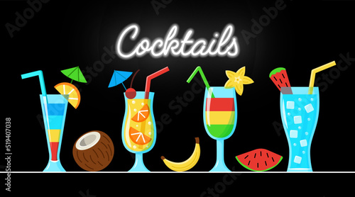 Vector cocktails with fruits on the table near neon 'Cocktail' sign on black. Drinks collection in cartoon style
