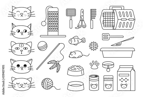 Cat stuff vector linear collection. Pet goods outline icons set and cats cartoon emotional faces. Food, toys and care equipment