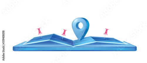 3D GPS locator pin, paper city map, infographic store pictogram, vector navigate location sign. Delivery destination concept, tracking mobile app clipart, position mark. Blue GPS locator, smartphone photo