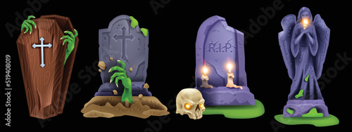 Halloween tombstone grave icon set, vector spooky cartoon graveyard illustration, wooden casket. Stone angel statue, skull, scary zombie hand, comic cemetery horror clipart. Tombstone grave monument