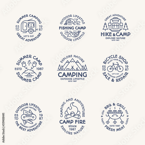 Camping logo set line style consisting of camper, mountain, backpack, tent, fish, fire, bicycle, barbecue, grill, trees for tourist symbol, explore emblem, travel badge, expedition label, hiking