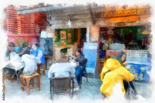 People and lifestyle activities in the morning of rural Thailand watercolor style illustration impressionist painting. © Kittipong