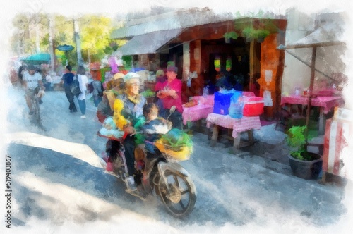 People and lifestyle activities of rural tourism markets in Thailand watercolor style illustration impressionist painting.
