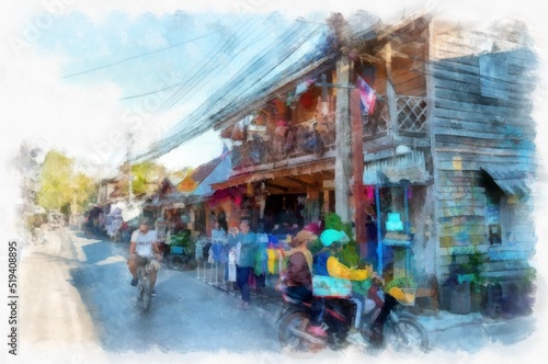 People and lifestyle activities of rural tourism markets in Thailand watercolor style illustration impressionist painting. © Kittipong