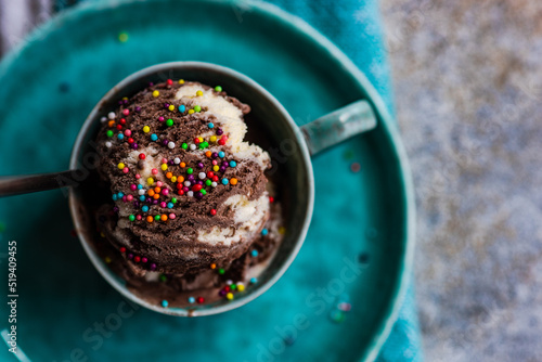 Overhead view of homemade chocolate ice cream with sprinkles photo