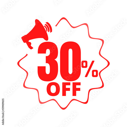 30% percent off(offer), shop now, red and yellow 3D super Megaphone discount sticker, sale. vector illustration, Thirty 
