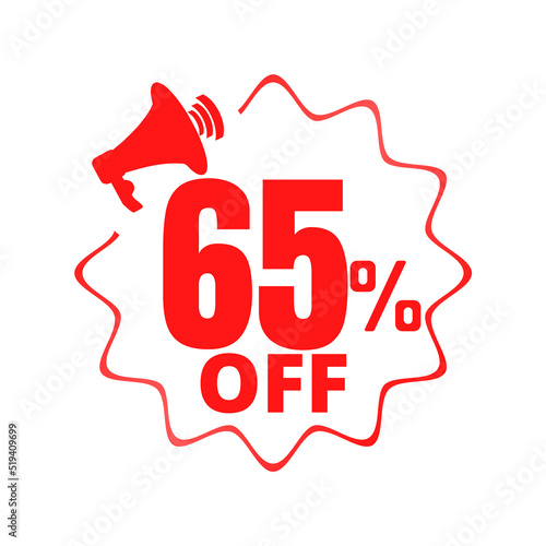 65% percent off(offer), shop now, red and yellow 3D super Megaphone discount sticker, sale. vector illustration, Sixty-five 