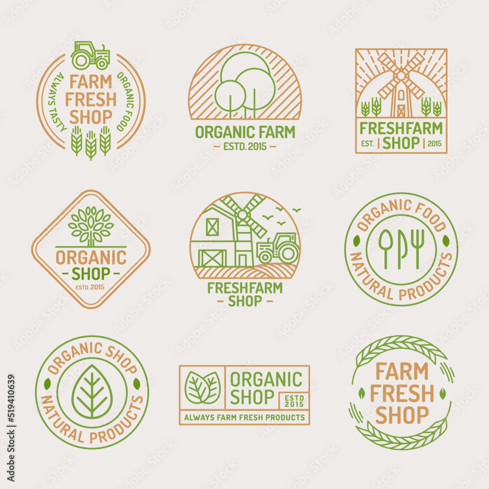 Farm fresh and organic shop logo set color line style isolated on background for healthy food market, natural product company, vegan cafe, eco store, nature firm, garden, farming. Vector Illustration