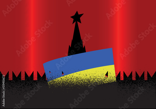 flag of of Ukraine disappears with a bloody wound against the background of the black Kremlin with a star.  war conflict between the countries occupation of the territory vector