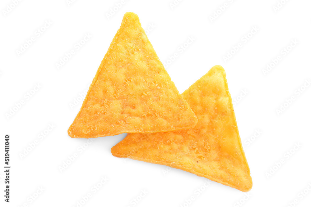 Tasty tortilla chips (nachos) on white background, top view Tasty tortilla chips (nachos) on white background, top view