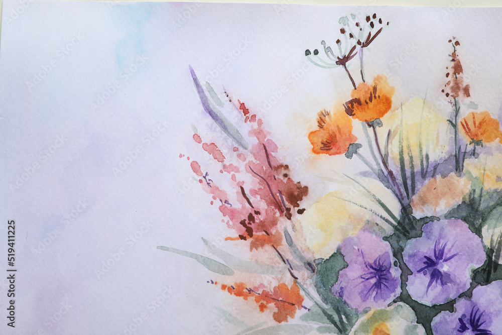 Closeup view of beautiful floral watercolor painting