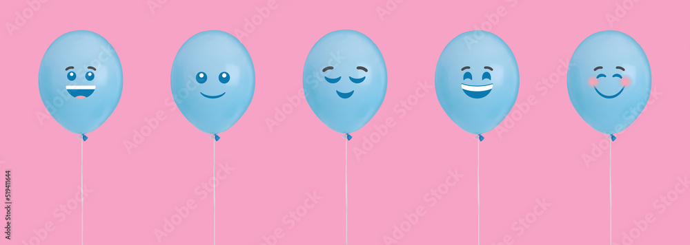 Set of balloons with different emoticons on pink background. Banner design Set of balloons with different emoticons on pink background. Banner design