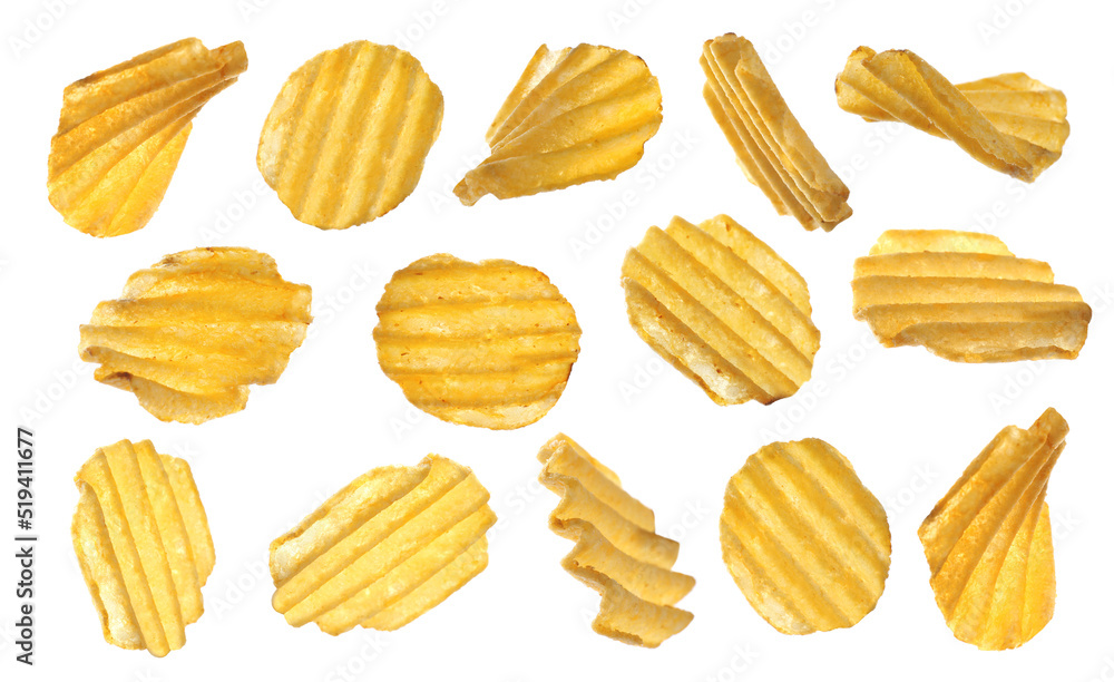 Set of ridged crispy potato chips on white background Set of ridged crispy potato chips on white background