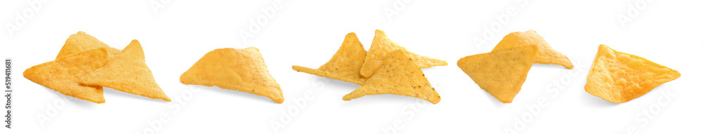 Set with tasty tortilla chips (nachos) on white background. Banner design Set with tasty tortilla chips (nachos) on white background. Banner design