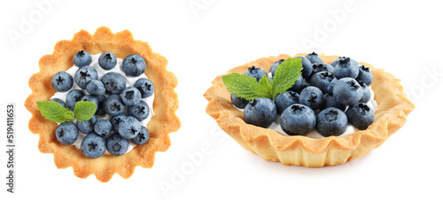 Tasty sweet tartlets with fresh blueberries on white background. Banner design