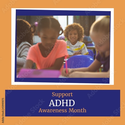 Composition of adhd awareness month text over diverse schoolchildren learning