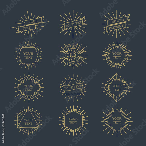 Set of modern gold stroke line frame logo with sunburst. Vector design elements, business signs, logos, identity, labels, badges and other branding objects for your business. Vector illustration