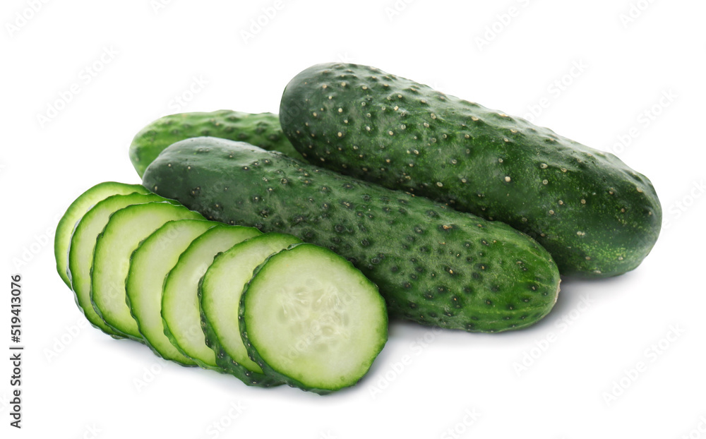 Whole and cut cucumbers on white background Whole and cut cucumbers on white background