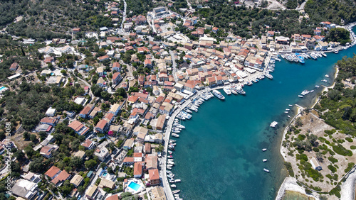 Scenic ionian islands of Greece - Paxos. view of Gaios Town aerial top view drone. Aerial drone photo of iconic port of Gaios a natural fjord bay ideal for safe anchorage in island of Paxos photo