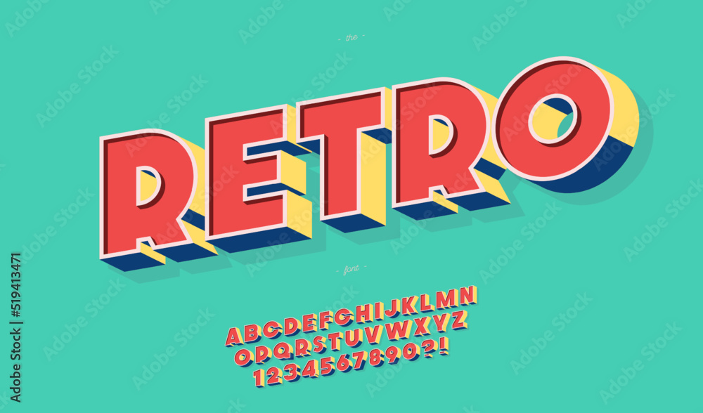 Retro font 3d bold style trendy typography for party poster, decoration, logotype, t shirt, book, card, banner, printing on fabric, industrial. Cool vintage typeface. Modern alphabet. Vector 10 eps
