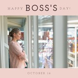 Image of happy boss day over of caucasian woman looking outside window in office