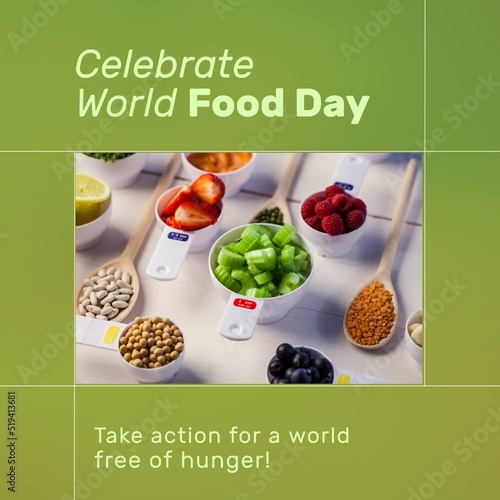 Image of celebrate world food day over bowls with diverse food and spices