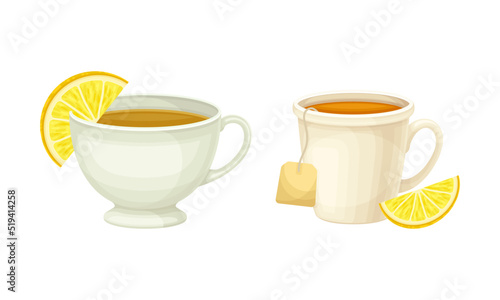 Fototapeta Naklejka Na Ścianę i Meble -  Tea Cup and Mug with Hot Aromatic Beverage Poured with Boiling Water for Brewing Vector Set