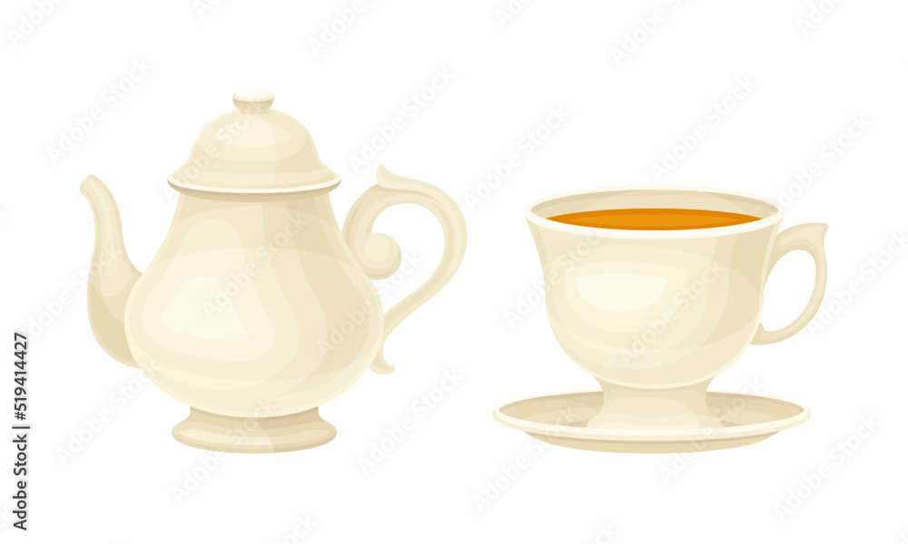 White Ceramic Teapot and Tea Cup on Saucer with Hot Aromatic Beverage Poured with Boiling Water for Brewing Vector Set