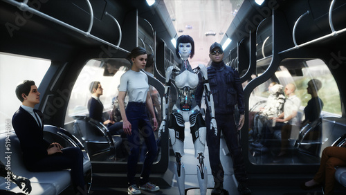 Female robot in flying futuristic train. Futuristic city. flying car traffic. megapolice. Future concept. 3d rendering.