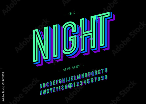 Vector bold night font trendy typography colorful style for decoration, logo, party poster, t shirt, book, greeting card, sale banner, printing on fabric. Cool 3d typeface. Modern alphabet. 10 eps