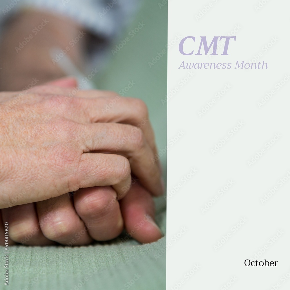 Fototapeta premium Composition of cmt awareness month text with diverse people holding hands on grey background