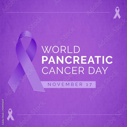 Composition of world pancreatic cancer day text with purple ribbon on purple background