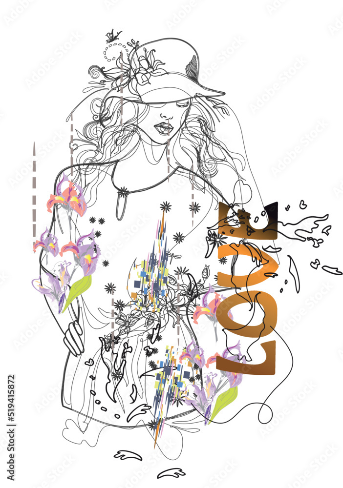 Design with love in trust slogan. Background with hands, palm leaves and flowers, fashion. Beautiful girl in lines.Handwritten lettering quote, slogan or saying. Hand drawn vector illustration. Design with love in trust slogan. Background with hands, palm leaves and flowers, fashion. Beautiful girl in lines.Handwritten lettering quote, slogan or saying. Hand drawn vector illustration.