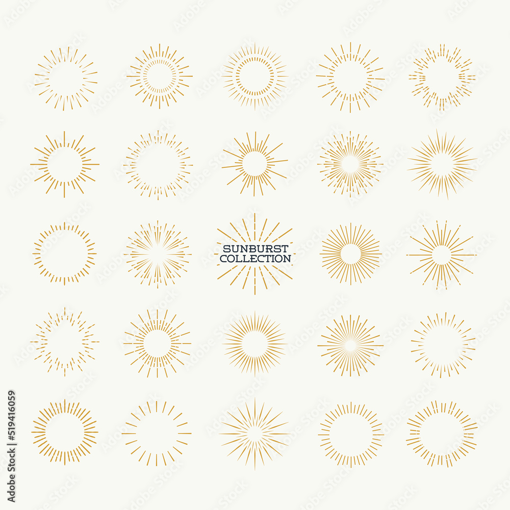 Sunburst vector set gold style isolated on background for logotype, emblem, logo, tag, stamp, t shirt, banner. Firework explosion, star. 10 eps Sunburst vector set gold style isolated on background for logotype, emblem, logo, tag, stamp, t shirt, banner. Firework explosion, star. 10 eps