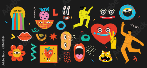 Big Set of Different colored Vector illustartions for posters in Cartoon Flat design. Hand drawn Abstract shapes, faces, different texture funny Comic characters.