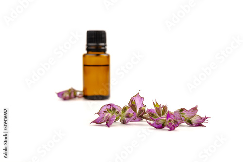 A bottle of essential oil with fresh blooming clary sage twigs on white background.