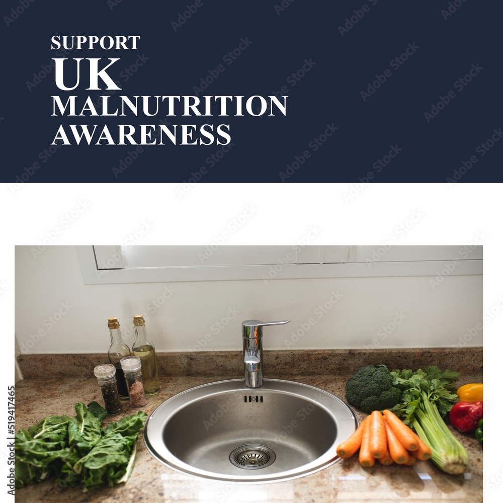 Fototapeta premium Composition of support uk malnutrition awareness text with vegetables in kitchen