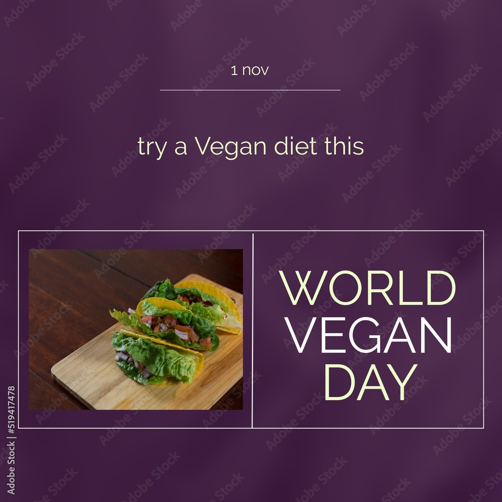 Fototapeta premium Composition of world vegan day text with tacos on purple background