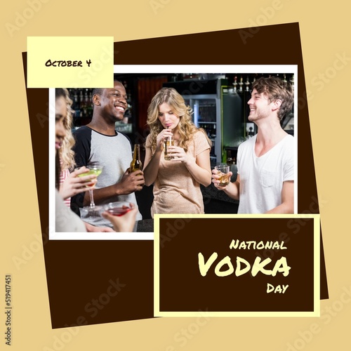 Composition of national vodka day text with diverse people holding drinks on beige background