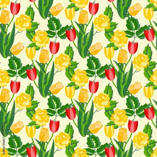 Vector - flower bouquet seamless pattern  roses and tulips illustration.