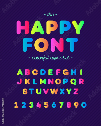 Vector happy font colorfull style modern typography. Alphabet for shirt, party poster, printing on fabric, promotion, kids book, greeting card, decoration, stamp, label, special offer, logo, emblem