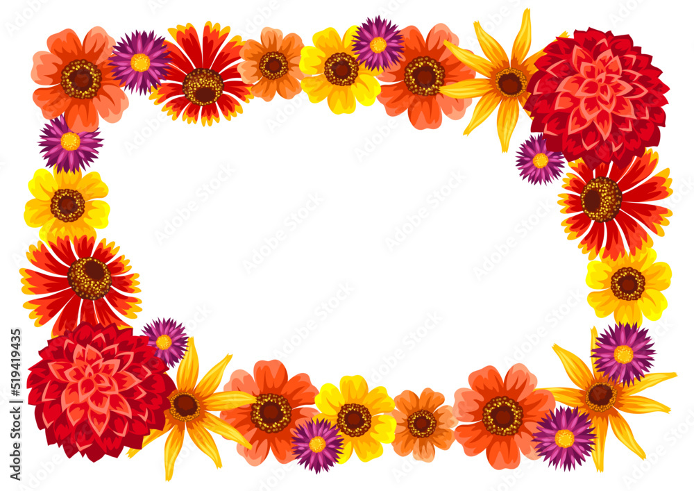 Obraz premium Decorative frame with autumn flowers. Beautiful decorative bouquet of blooming plants.
