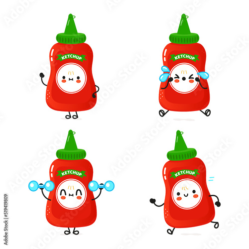 Funny cute happy ketchup characters bundle set. Vector hand drawn doodle style cartoon character illustration icon design. Cute ketchup mascot character collection