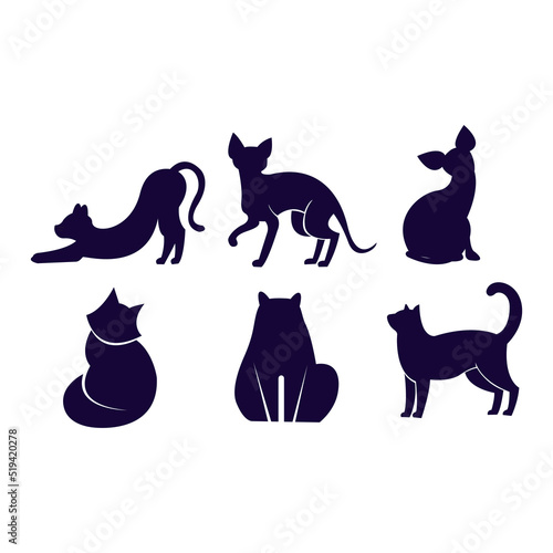Set of icons with cats. Flat design vector. Variety breeds cats in different poses sitting  standing  stretching  lying. For veterinary clinic  pet shop advertising concept. Collection of kittens