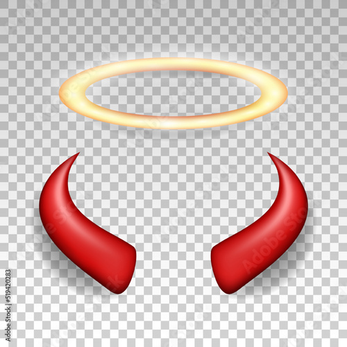 Three dimensional shiny golden nimbus and red devil horns. Glossy daemon horns and halo, angel ring isolated in transparent background. Carnival, masquerade elements. Vector illustration EPS 10