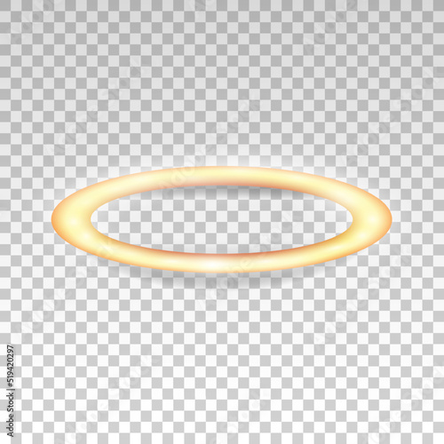 Three dimensional shiny golden nimbus isolated on transparent background. Glossy realistic halo, angel ring, Saint aureole symbol. Vector illustration EPS 10