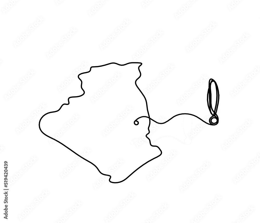 Map of France, Algeria with exclamation mark as line drawing on white background Map of France, Algeria with exclamation mark as line drawing on white background