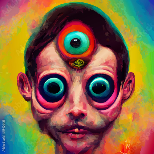 A surreal portrait in bright colors of a man with three eyes. vector illustration