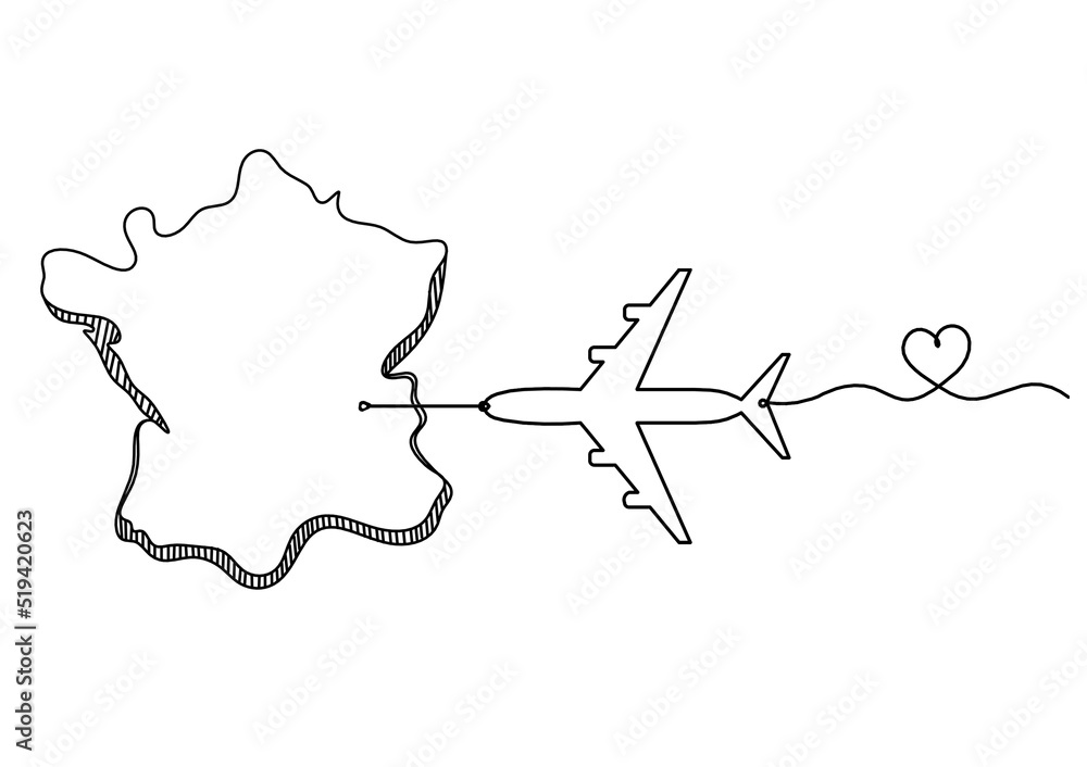 Map of France, Algeria with plane as line drawing on white background Map of France, Algeria with plane as line drawing on white background